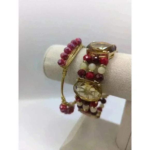 Bourbon And Bowtie Beaded Stretch Bracelet Bundle Red White Gold Tone - Picture 3 of 4